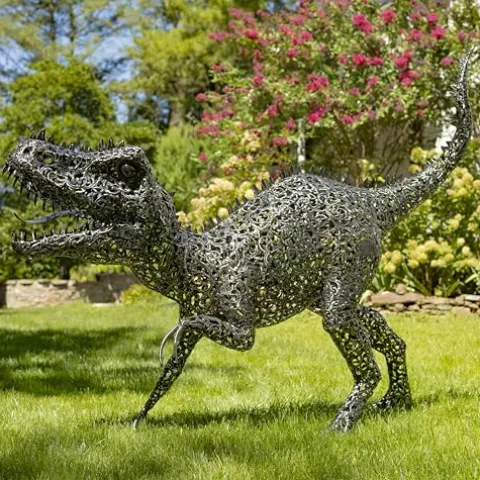 Zaer Ltd. 5.6 ft. Tall Crouching Tyrannosaurus Rex Outdoor Metal Statue “T-Bone” Metallic