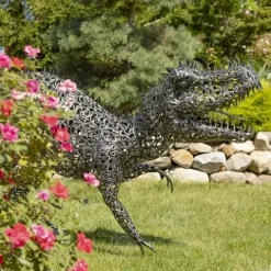 Zaer Ltd. 5.6 ft. Tall Crouching Tyrannosaurus Rex Outdoor Metal Statue “T-Bone” Metallic