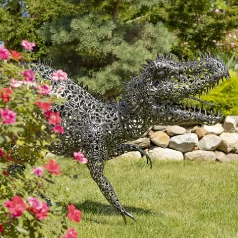 Zaer Ltd. 5.6 ft. Tall Crouching Tyrannosaurus Rex Outdoor Metal Statue “T-Bone” Metallic