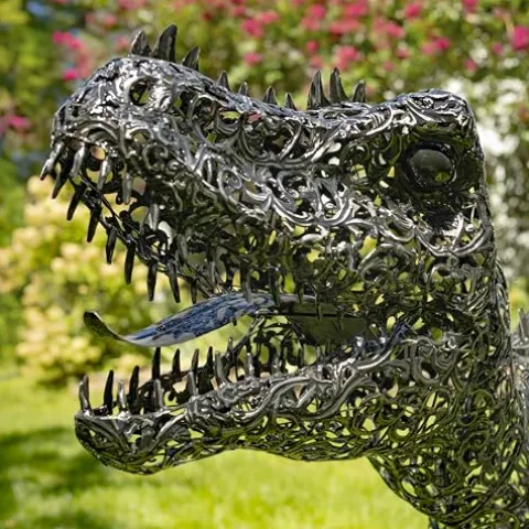 Zaer Ltd. 5.6 ft. Tall Crouching Tyrannosaurus Rex Outdoor Metal Statue “T-Bone” Metallic