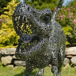 Zaer Ltd. 5.6 ft. Tall Crouching Tyrannosaurus Rex Outdoor Metal Statue “T-Bone” Metallic