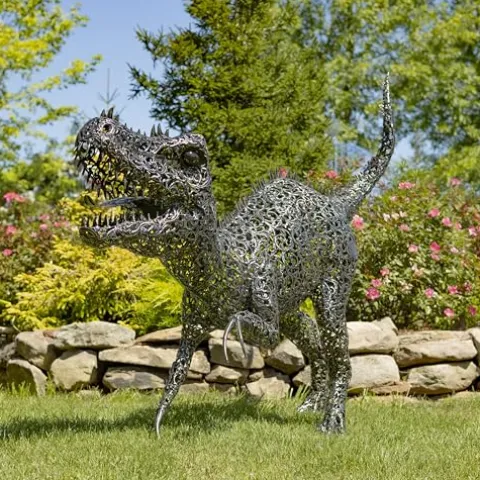 Zaer Ltd. 5.6 ft. Tall Crouching Tyrannosaurus Rex Outdoor Metal Statue “T-Bone” Metallic