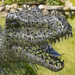 Zaer Ltd. 5.6 ft. Tall Crouching Tyrannosaurus Rex Outdoor Metal Statue “T-Bone” Metallic