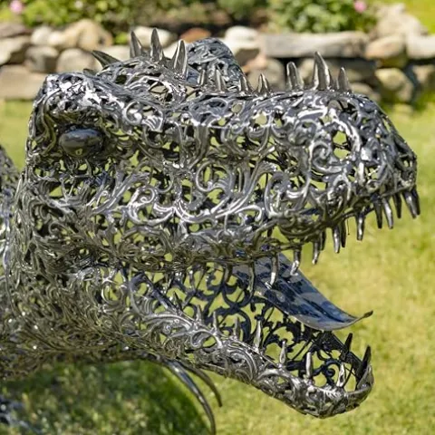 Zaer Ltd. 5.6 ft. Tall Crouching Tyrannosaurus Rex Outdoor Metal Statue “T-Bone” Metallic