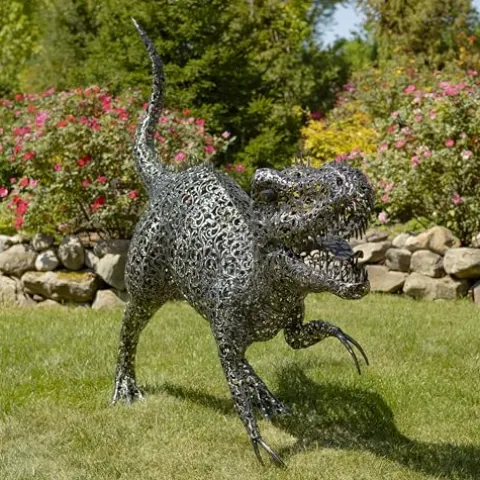 Zaer Ltd. 5.6 ft. Tall Crouching Tyrannosaurus Rex Outdoor Metal Statue “T-Bone” Metallic