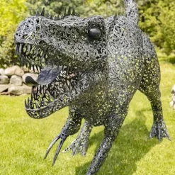 Zaer Ltd. 7.33ft Tall Giant Metal Tyrannosaurus Rex Garden Statue Chompers Metallic