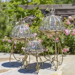 Zaer Ltd. Set of 3 Glass Dome Terrariums with Iron Stands Frosted Gold