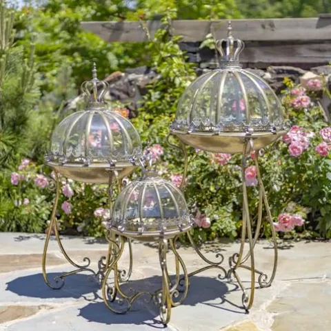 Zaer Ltd. Set of 3 Glass Dome Terrariums with Iron Stands Frosted Gold