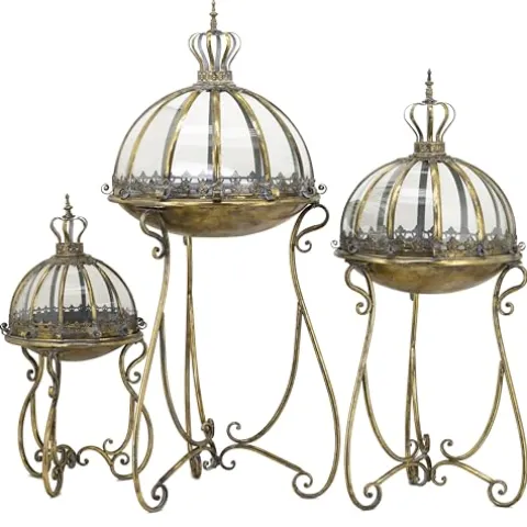 Zaer Ltd. Set of 3 Glass Dome Terrariums with Iron Stands Frosted Gold